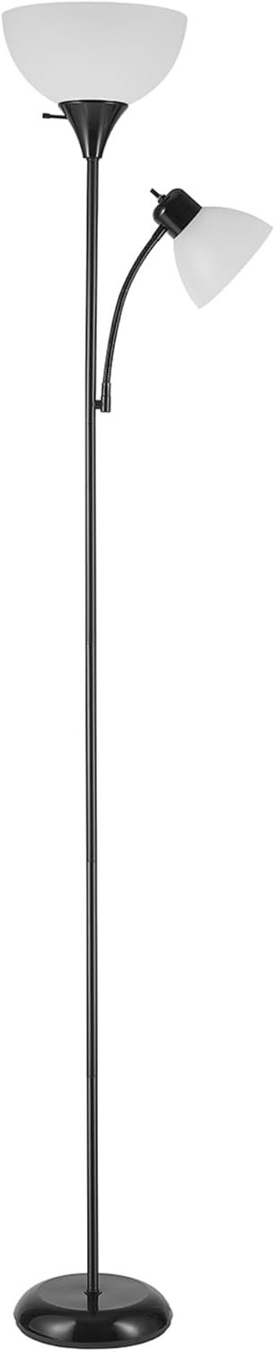 67135 72" Floor Lamp + Adjustable Reading Light, Matte Black, Frosted Plastic Shade, 3-Step Rotary Switch on Socket, Living Room Décor, Reading Light, Home Essentials