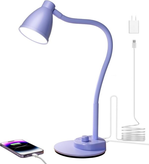 LED Desk Lamp with USB Charging Port, 3 Color Modes Fully Dimmable Reading Lamp, Auto Dimming Task Lamp, Flexible Gooseneck Table Light for Office Dorm Bedside, Adapter Include, Lilac Purple