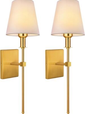 Wall Sconces Sets of 2, Bathroom Vanity Sconces Wall Lighting with White Fabric Shades, Retro Industrial Wall Lamps, Wall Lights Suitable for Bedroom Living Room Kitchen Mirror (Gold)