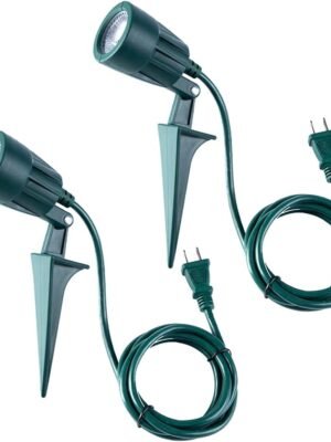 Outdoor Spotlight Plug in, Weather Resistant, Heavy Duty Stake, Landscape Light for Yard, Tree, Flag, Holiday Decor, 6FT Cord, 120V 300LM 5000K, Green, ETL Listed, 2Pack