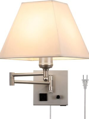 Plug in Wall Light,Swing Arm Wall Sconces with USB Port and Outlet,Wall Lamp with White Fabric Shade Dimmable Switch for Bedroom, Living Room , Office Nickel