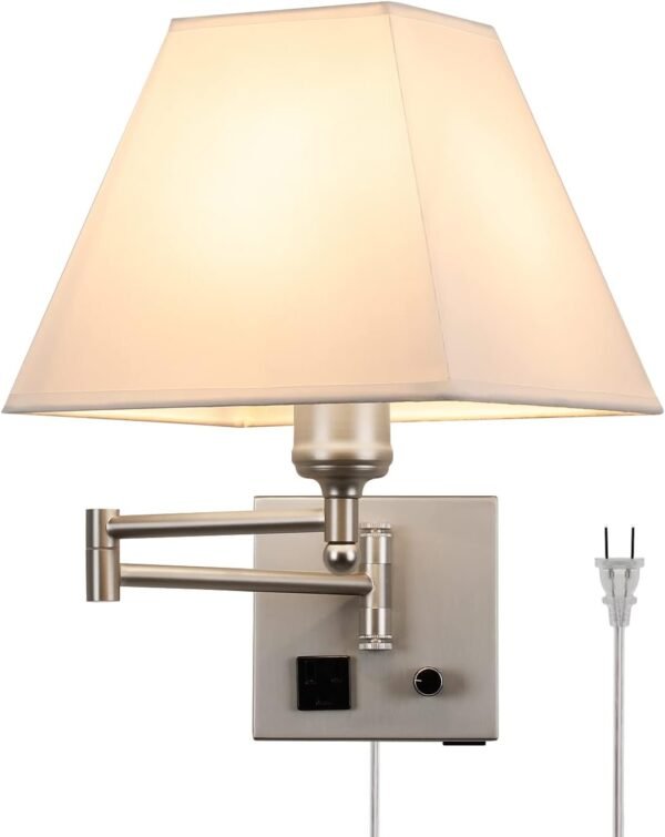 Plug in Wall Light,Swing Arm Wall Sconces with USB Port and Outlet,Wall Lamp with White Fabric Shade Dimmable Switch for Bedroom, Living Room , Office Nickel