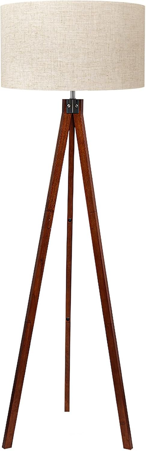 Wood Tripod Floor Lamp, Mid Century Standing Lamp, Modern Design Studying Light for Living Room, Bedroom, Study Room and Office, Flaxen Lamp Shade with E26 Lamp Base Brown