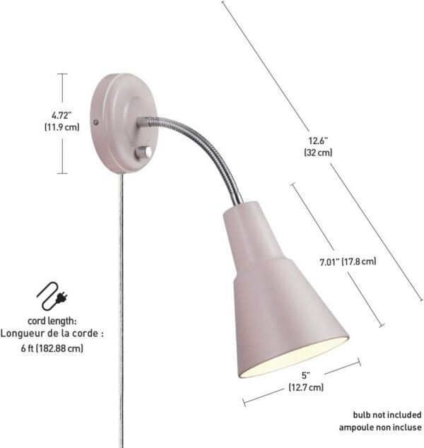 1-Light Plug-in or Hardwire Wall Sconce, Chrome Gooseneck, Matte Rose, 6ft Clear Cord, Bulb Not Included
