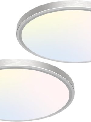 12 inch Flush Mount LED Ceiling Light Fixture, 3000K 4000K 6500K Adjustable, 28W 3200lm Brushed Nickel Satin Round Ceiling Lamp for Bathroom Shower Hallway Kitchen, 2 Pack