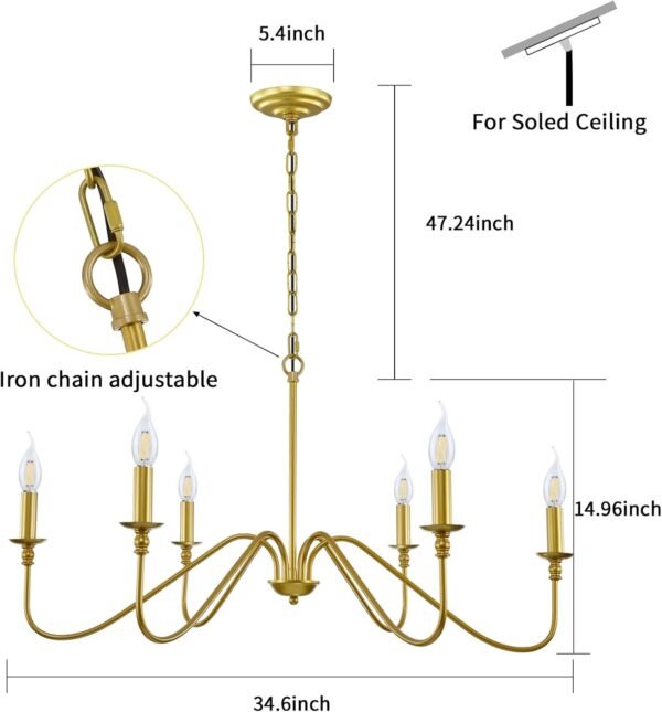 Gold Chandelier, 6-Light Chandelier for Dining Room, Bedroom, Foyer, Living Room, Kitchen Island, Entryway, Office, Bar,Farmhouse Decor