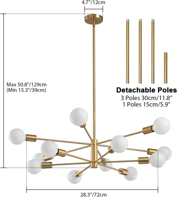 Modern  Chandeliers Light, 12-Light Gold Gold Dining Room Chandelier Over Table, Height Adjustable Industrial Semi Flush Mount Mid Century Chandelier for Kitchen Island Living Room