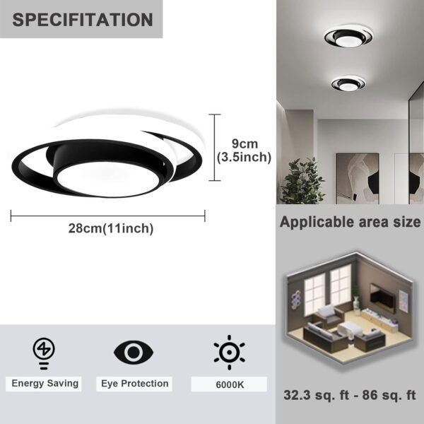 Small Modern LED Ceiling Light,2 Rings Creative Design Ceiling Lamp Black Indoor Ceiling Light Fixtures for Hallway Living Room Bedroom Kitchen Office Ceiling Lighting (Cool White,6000K)