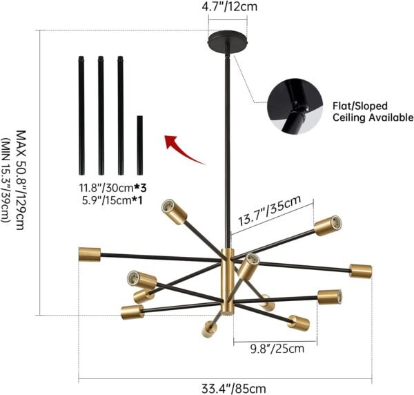 Modern Chandelier Ceiling Light Fixture Chandeliers Gold and Black Farmhouse Chandelier Over Table 12-Light Height Adjustable Chandeliers for Dining Room, Living Room,Kitchen Island