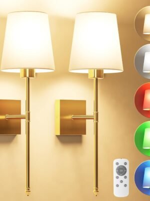 Battery Operated Wall Sconce Set of 2 - Gold Wireless Battery Wall Sconce with 5200mAh Rechargeable Light Bulb and Remote, RGB and Dimmable Cordless Wall Sconce Lights for Bedroom, Living Room