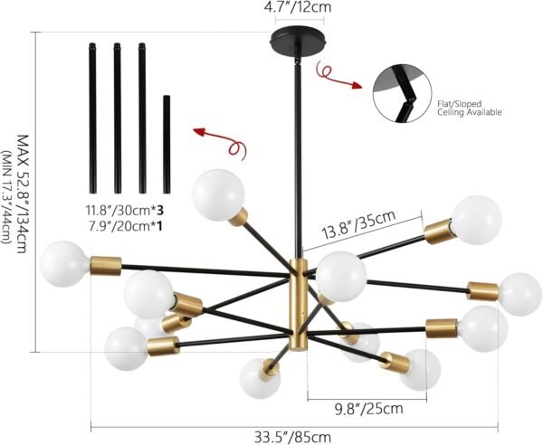 Modern Chandelier 12-Light Chandeliers Black and Gold Chandelier Light Fixtures for Dining Room Over Table Mid Century Height Adjustable High Ceiling Kitchen Farmhouse Chandelier