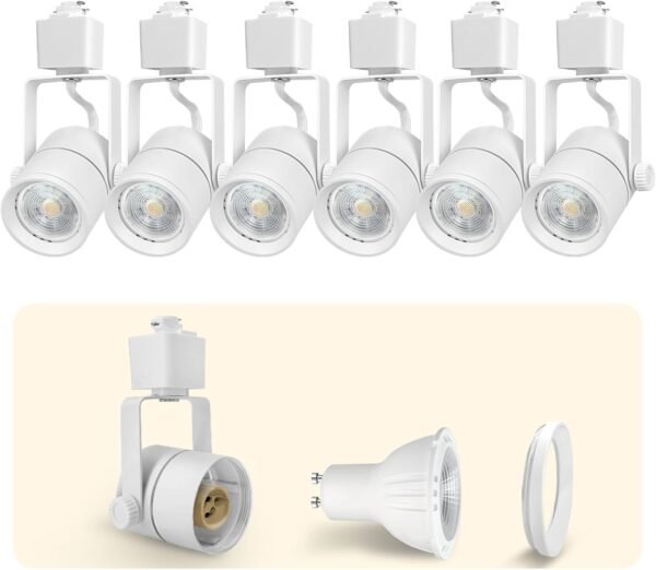 Bulb Replaceable H Type Track Lighting Heads, MR16 GU10 Base 3 Wire Track Spotlight Fixture for Kitchen Gallery Accent Lighting, 6 Pack(Dimmable LED 7W Bulb Included) (White-3000K)