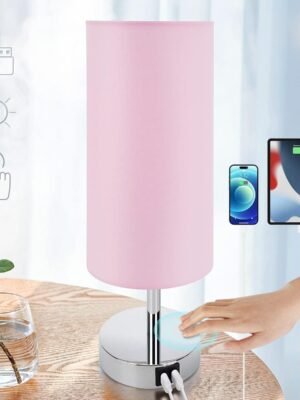 Bedside Lamp with USB Port - Touch Control Table Lamp for Bedroom 3 Way Dimmable Nightstand Lamp with Round Pink Fabric Shade for Living Room, Dorm, Home Office (LED Bulb Included)