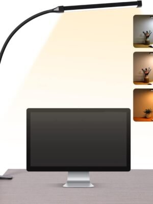 LED Desk lamp with Clamp, Eye-Caring Clip on Lights for Home Office, 3 Modes 10 Brightness, Long Flexible Gooseneck,Metal, Swing Arm Architect Task Table Lamps with USB Adapter, Black