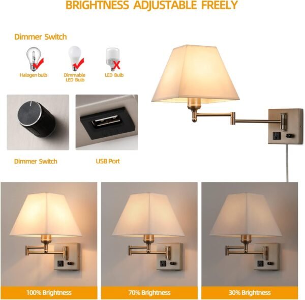 Plug in Wall Light,Swing Arm Wall Sconces with USB Port and Outlet,Wall Lamp with White Fabric Shade Dimmable Switch for Bedroom, Living Room , Office Nickel