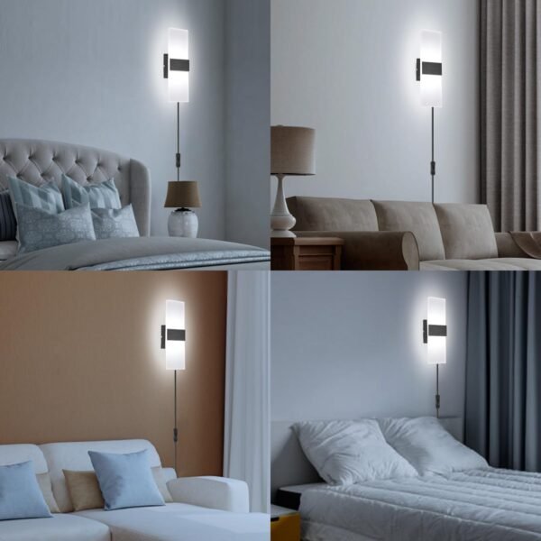 Modern Wall Sconce, Wall Sconce Plug in 12W LED 6000K Cool White Acrylic Wall Mounted Light Wall Lights with 6FT Plug in Cord and On/Off Switch on The Cord(1 Pack, Black)