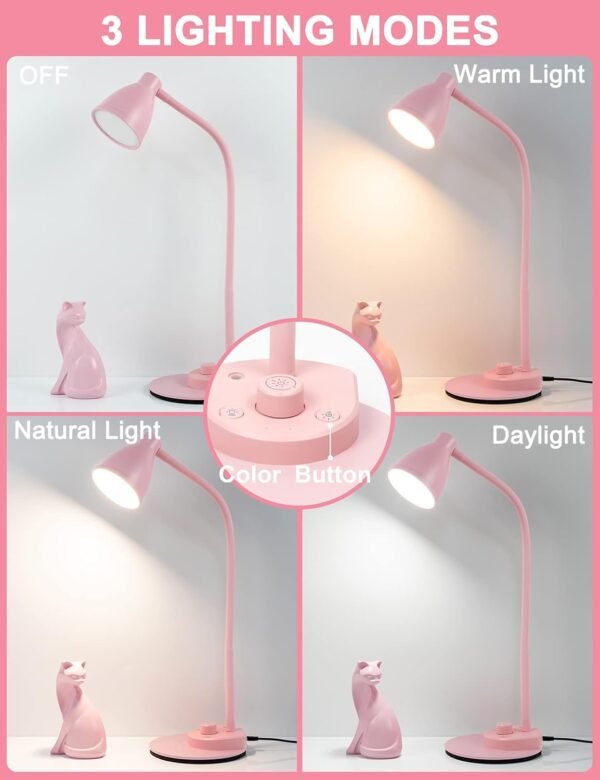 Cute Desk Lamp with USB Charging Port, Pink Lamp 3 Color Modes Dimmable Reading Lamp, Flexible Gooseneck Table Light Auto Dimming Task Lamp, LED Desk Light for Home Office Dorm Bedside, Pink