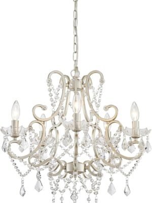 Crystal Chandelier, 5-Light Modern Chandelier for Dining Room Light Fixture, Nickel Finish Pendant Ceiling Light Fixture, Modern Candle Chandelier for Living Room Kitchen Island Entryway Bedroom