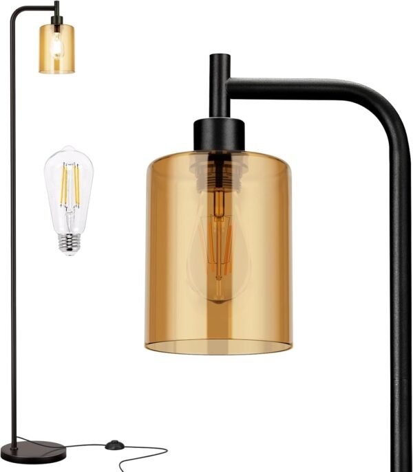 Floor Lamps for Living Room - Standing Lamp with Amber Glass Shade, Modern Floor Lamp with LED Bulbs, Industrial Floor Lamp for Bedroom, Black Tall Lamp for Office(Light Bulb Included)