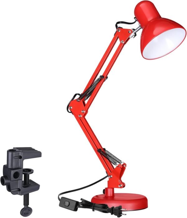 Metal Swing Arm Architect Desk Lamp with Clamp, Adjustable Gooseneck Table Lamp, Clip Desk Lights for Home Office, Work, Study, Reading, E26 Base, Multi-Joint, Red