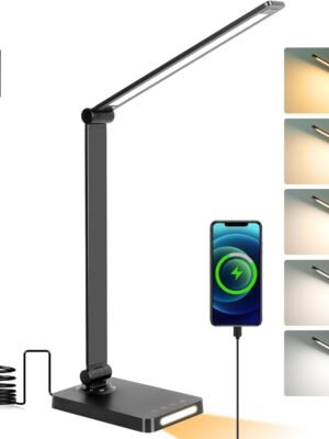 LED Desk Lamp with USB Ports,Touch Desk Lamps for Home Office with 5 Color Modes,3 Brightness Desk Light with Small Night Light,Reading Lamp Table Lamp for Bedroom Bedside Study Black （with adapter）