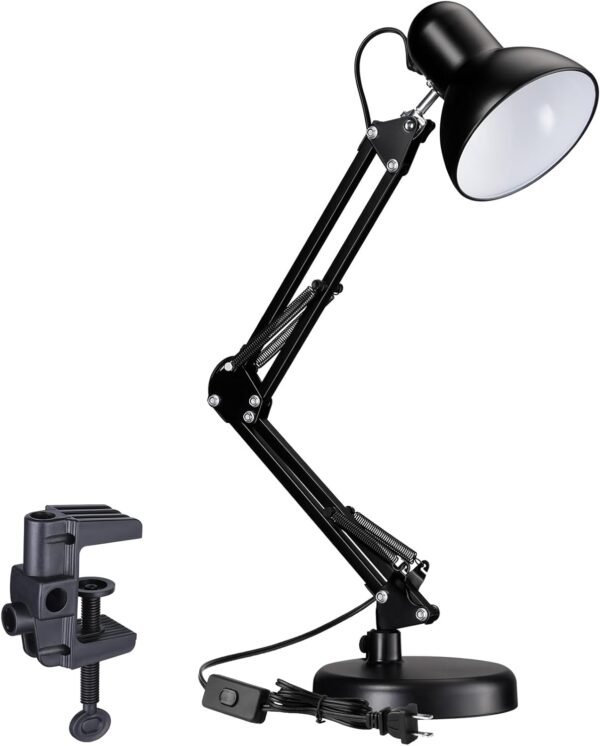 Metal Desk Lamp with Clamp, Swing Arm , Architect Adjustable Gooseneck Table Lamp, Clip Desk Lights for Home Office, Work, Study, Reading, E26 Base, Multi-Joint, Black