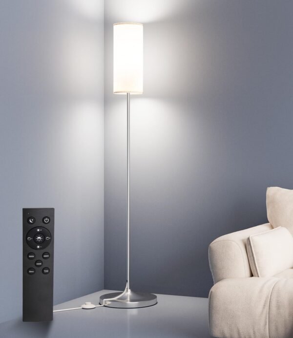 LED Floor Lamp for Living Room, Dimmable Standing Lamps with Foot Switch,Remote Custom Color Temperature Silver Pole Lamp with Lampshade,12W Led Bulb Tall Lamps for Bedroom Office Kid Room