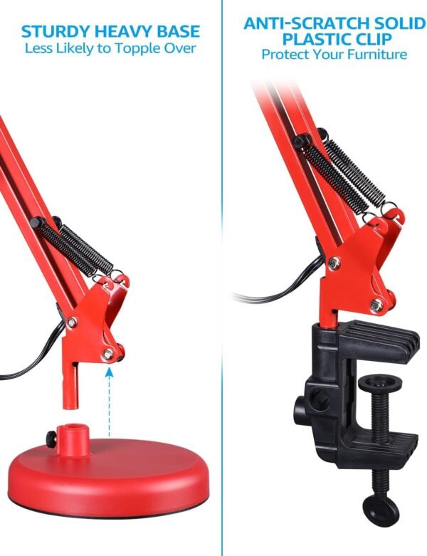 Metal Swing Arm Architect Desk Lamp with Clamp, Adjustable Gooseneck Table Lamp, Clip Desk Lights for Home Office, Work, Study, Reading, E26 Base, Multi-Joint, Red