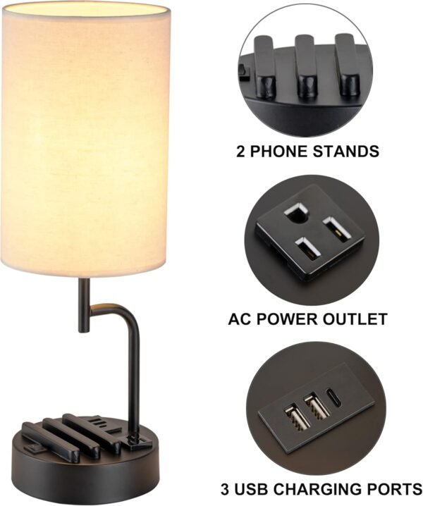 Table Lamp with 3 USB Charging Ports, Modern Desk Lamp with AC Outlet and Phone Stands, Perfect Bedside Lamp for Bedroom, Living Room, Office (Pack of 2), Cream