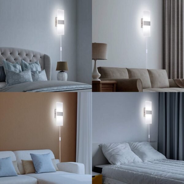 Wall Sconce Plug in, Modern Wall Sconce 12W Wall Mounted Light 6000K Cool White Acrylic LED Wall Lights with 6FT Plug in Cord and On/Off Switch on The Cord(1 Pack, Silver)