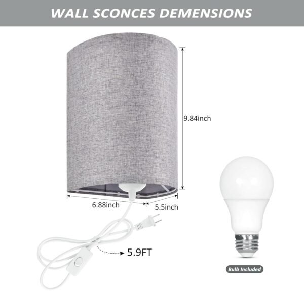 Wall Sconces Set of 2, Plug in Wall Sconces with On/Off Switch, 3-Color Selectable (3000K/4000K/6000K), Fabric Linen Lamp Shades, No Wiring Required, Ideal for Bedroom, Living Room, and Porch (Grey)