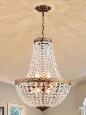 6 Lights French Empire Crystal Chandelier Farmhouse Pendant Lighting, Antique Bronze Ceiling Light Fixture for Dining Room Bedroom Foyer Living Room, W18.5 x H25.6