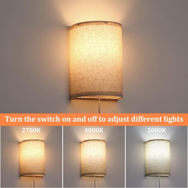 Wall Sconces Set of Two, Wall Lamp Plug in with On/Off Switch, 2700K 4000K 5000K Selectable, Wall Lights for Bedroom, Living Room, Wall Decor for Bedroom, Fabric Linen Lamp Shades