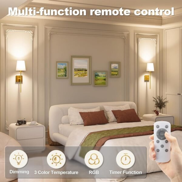 Battery Operated Wall Sconce Set of 2 - Gold Wireless Battery Wall Sconce with 5200mAh Rechargeable Light Bulb and Remote, RGB and Dimmable Cordless Wall Sconce Lights for Bedroom, Living Room