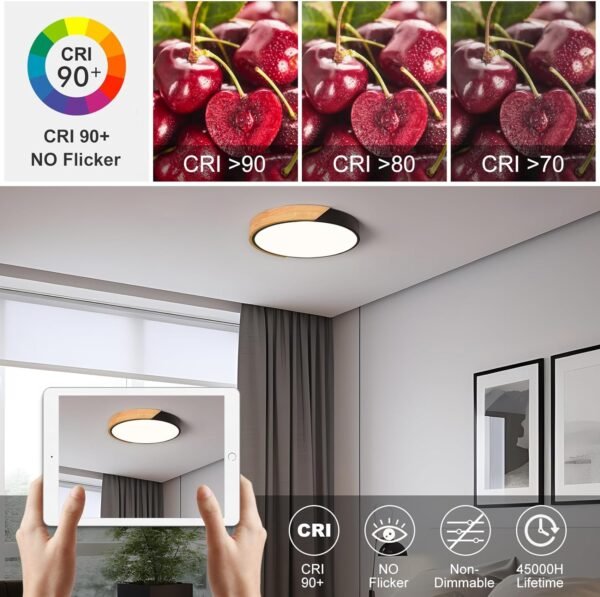 Modern LED Ceiling Light, Minimalist Wood Flush Mount Ceiling Light Fixture, 4000K Not Dimmable, Circle Lighting Lamp with Acrylic Lampshade for Bedroom Laundry Room Hallway (Black,11.8")