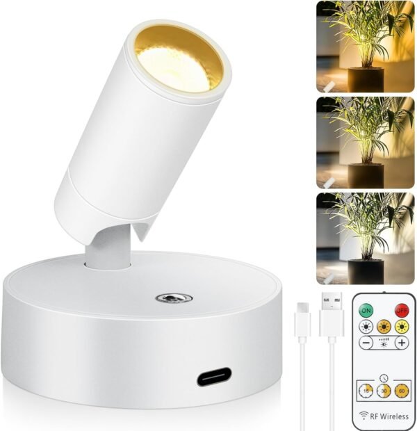 Wireless LED Spot lights Indoor Battery Operated with Remote, Rechargeable Up lights Indoor with Timer＆Dimmable, 3 Picture Lights for Wall, SpotLights Accent Uplighting for Plant, Artwork -White