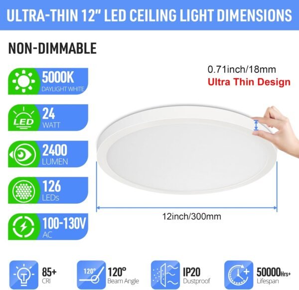 LED Flush Mount Ceiling Light Fixture, 5000K Daylight White, 2400LM, 12 Inch 24W White Round Flat Ceiling Lights, 240W Equiv. Non-Dimmable