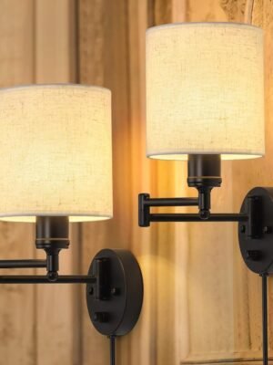 Plug in Wall Light Set of 2, Swing Arm Wall Lamps, Modern Bedroom Wall Sconce Fixtures with Linen Lampshade for Reading Hallway Living Room