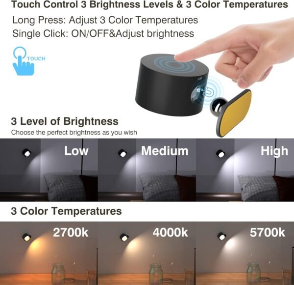 LED Reading Lights, Wall Mounted Sconces with 3 Color Temperatures & 3 Brightness Levels Rechargeable Battery Magnetic Ball 360°Rotation Touch Control, Lamps for Kids Study Bedside Closet
