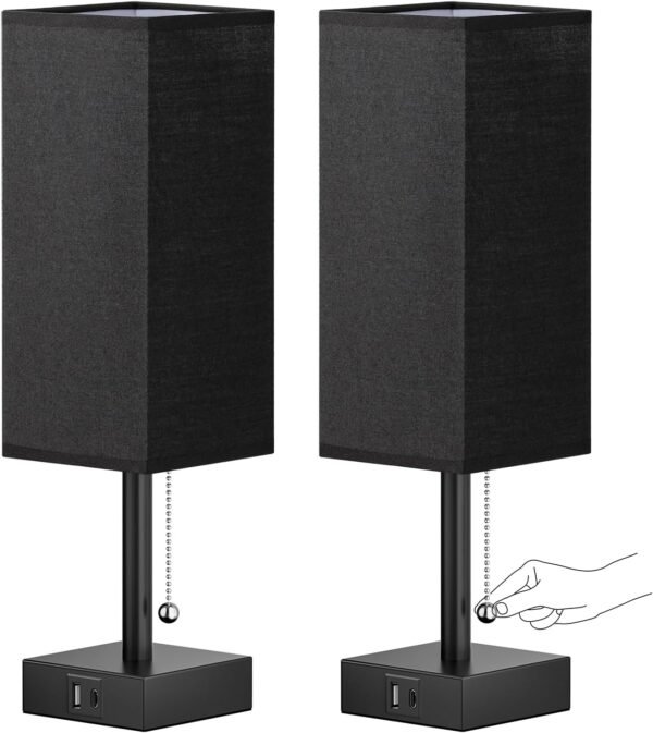 Black Bedroom Table Lamp Set - Bedside Lamps for Nightstand, Minimalist Pull Chain Lamps with USB Ports, Desk Lamps for Dorm Kids Room