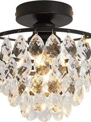 Modern Small Crystal Ceiling Light Fixture Mini Black Semi Flush Mount Chandelier Light Fixture for Hallway Bedroom Bathroom Closet e26