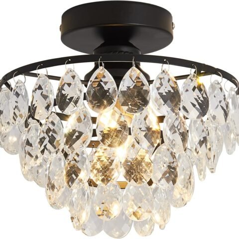 Modern Small Crystal Ceiling Light Fixture Mini Black Semi Flush Mount Chandelier Light Fixture for Hallway Bedroom Bathroom Closet e26