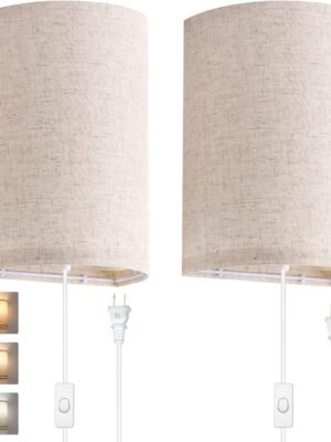 Wall Sconces Set of Two, Wall Lamp Plug in with On/Off Switch, 2700K 4000K 5000K Selectable, Wall Lights for Bedroom, Living Room, Wall Decor for Bedroom, Fabric Linen Lamp Shades