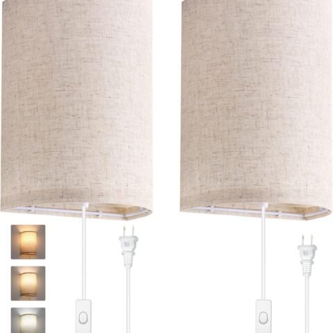Wall Sconces Set of Two, Wall Lamp Plug in with On/Off Switch, 2700K 4000K 5000K Selectable, Wall Lights for Bedroom, Living Room, Wall Decor for Bedroom, Fabric Linen Lamp Shades