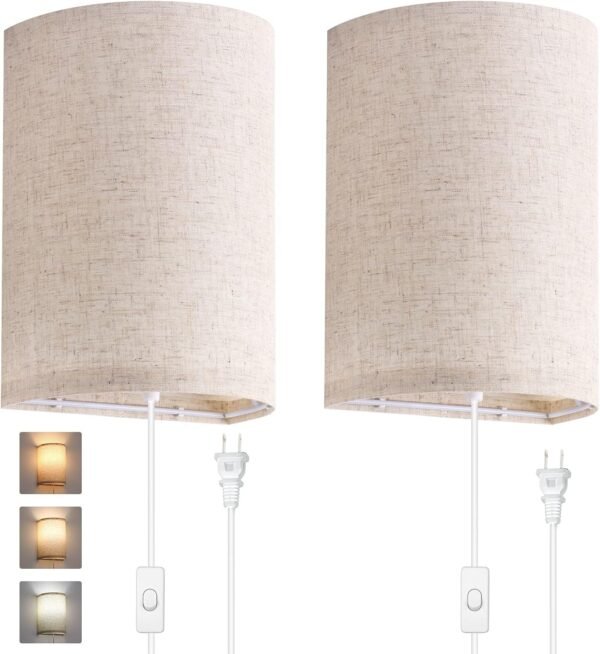 Wall Sconces Set of Two, Wall Lamp Plug in with On/Off Switch, 2700K 4000K 5000K Selectable, Wall Lights for Bedroom, Living Room, Wall Decor for Bedroom, Fabric Linen Lamp Shades