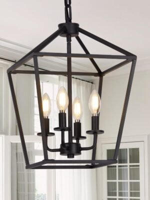 4 Light Chandelier, Industrial Ceiling Light Black Lantern Light Fixtures with Farmhouse Metal Cage Adjustable Height Rustic Geometric Hanging Light E12 Base for Kitchen Island, Entryway, Indoor
