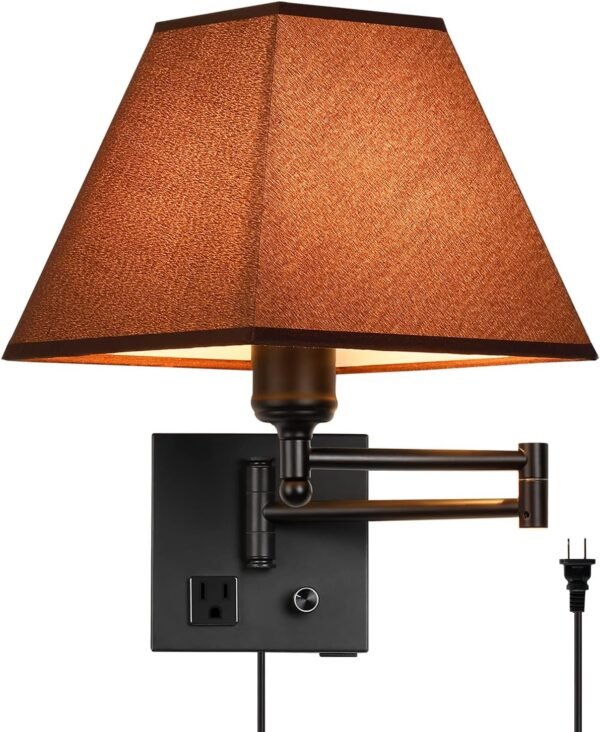 Swing Arm Wall Lamp.Plug in Wall Sconces with USB Port and AC Outlet.Sconces Wall Lighting Coffee Fabric Shade with Dimmable Switch for Hallway Bedroom Living Room.Black Finish.
