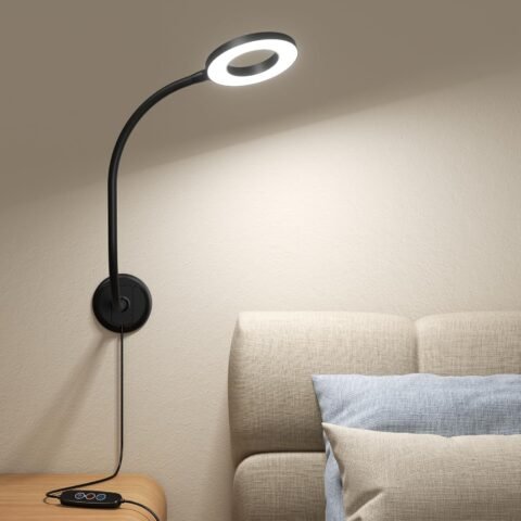 Wall Mounted Reading Light, LED Ring Right for Wall,Desk,Workbench, Shadowless Book Light in Bed at Night, 360 Flexible Gooseneck, Eye Care 5 Color Adjustable & Brightness Dimmable, Black