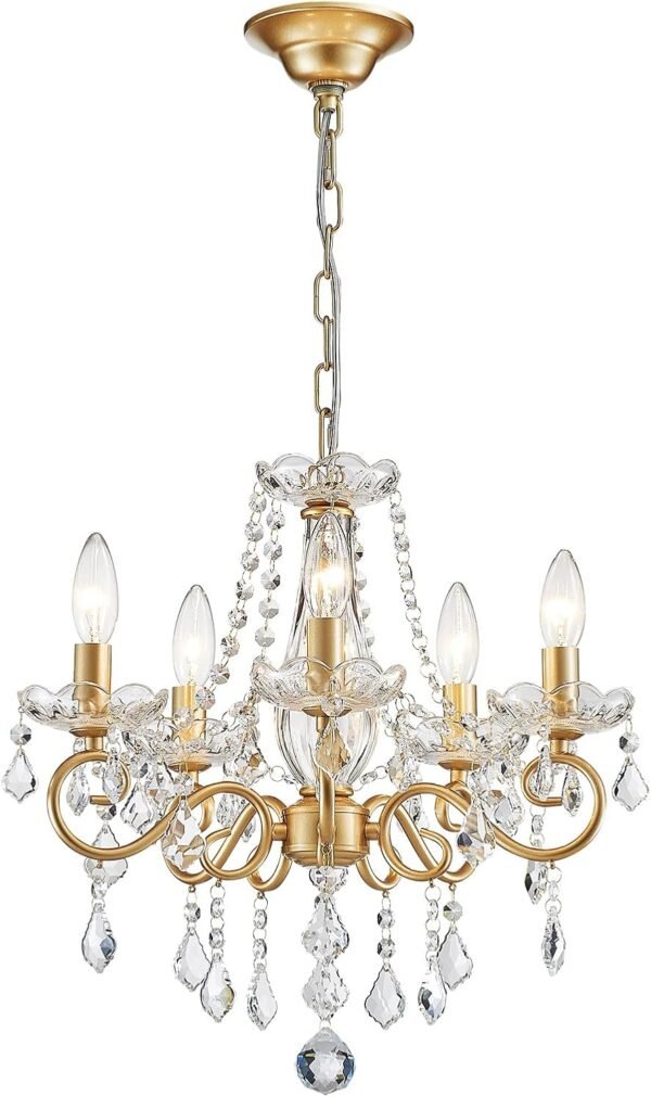 Mini Crystal Chandelier K9 Crystal Lighting Chandelier for Living Room 5 E12 Bulbs High 16.5 in x Diameter 16.9 in, Golden