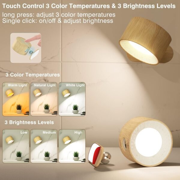 LED Sconces, Wall Mounted Lamps with Rechargeable Battery Operated USB Port 3 Color Temperatures & 3 Brightness Levels 360°Rotate Magnetic Ball, Cordless Lights for Reading Bedside